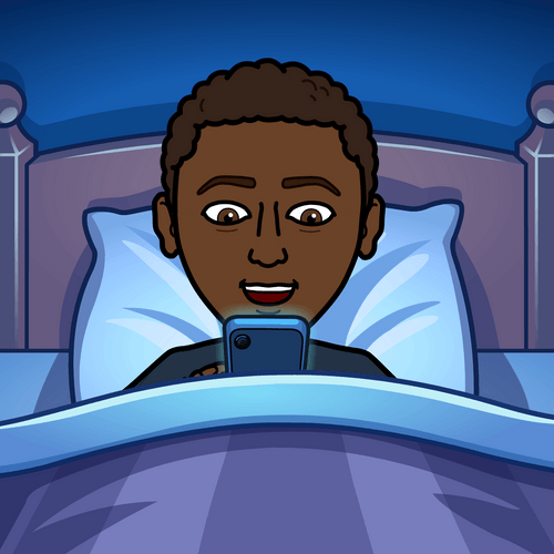 Bitmoji image of Lennon in bed using his phone